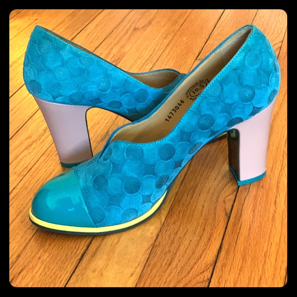 John Fluevog genuine teal blue suede heels
